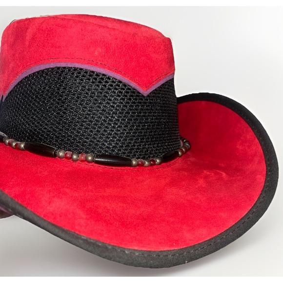 Western Cowboy Hat Red Purple Suede Beaded Band USA Medium EUC Vtg Head N Home - Picture 2 of 15